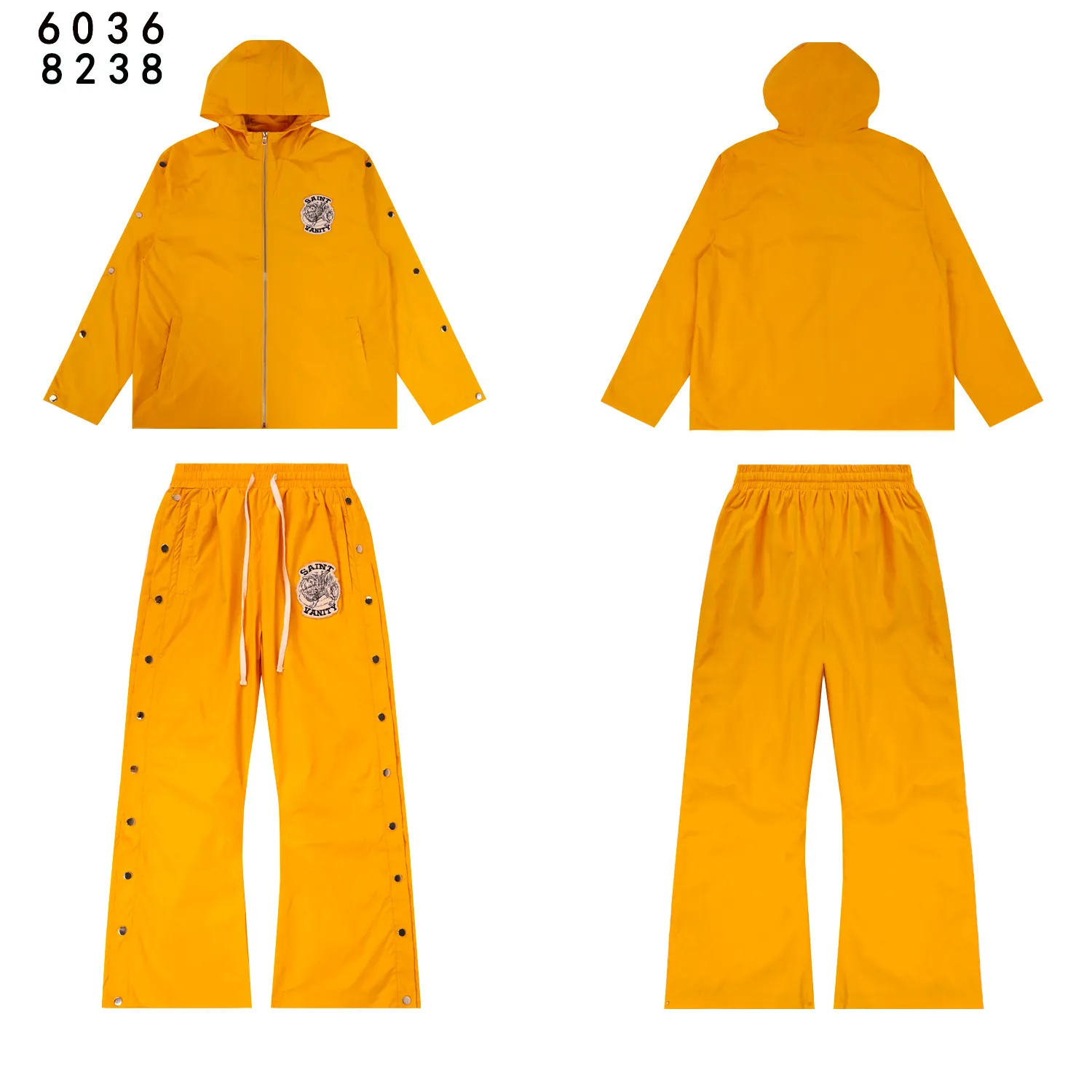 Style number: 6036 top P212 Style number: 8238 pants P184 Fabric: woven + lining Real stock SAINT VANITY embroidered breasted sports casual windbreaker jacket and trousers suit Color: Black Yellow Red Gray Size: S M L XL